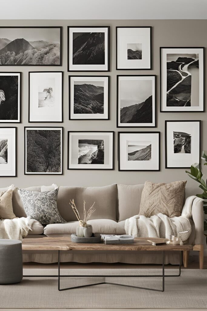 A sophisticated thrifted gallery wall where black and white photographs and artwork are framed in matching frames, creating a crisp, high-contrast visual impact on your wall.