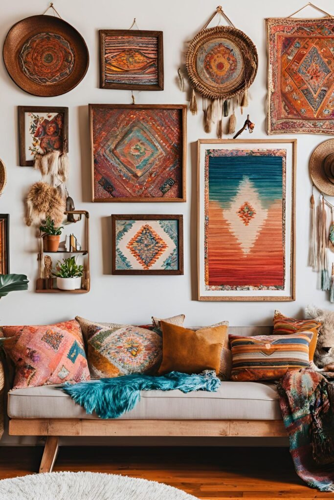 A Boho inspired thrifted gallery wall alive with vibrant artwork, colorful tapestries, and rustic wooden frames, creating a relaxed and free-spirited atmosphere that instantly invites you in.