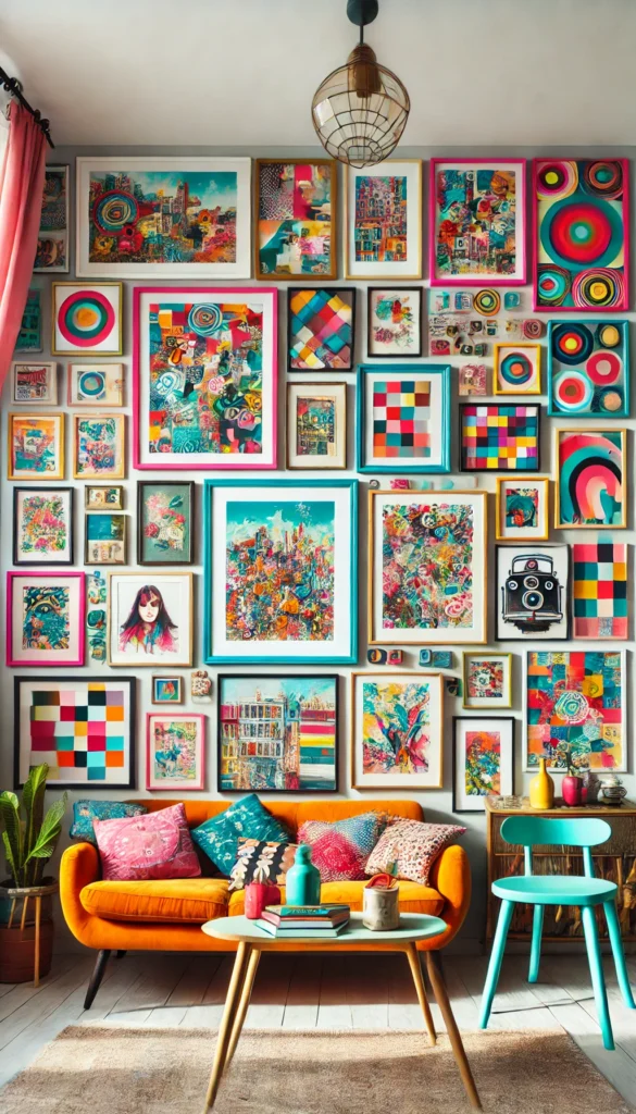 The colorful collage thrifted gallery wall bursts with color, as vibrant frames and eclectic artwork combine to create a fun, energetic, and playful space that catches everyone’s eye.