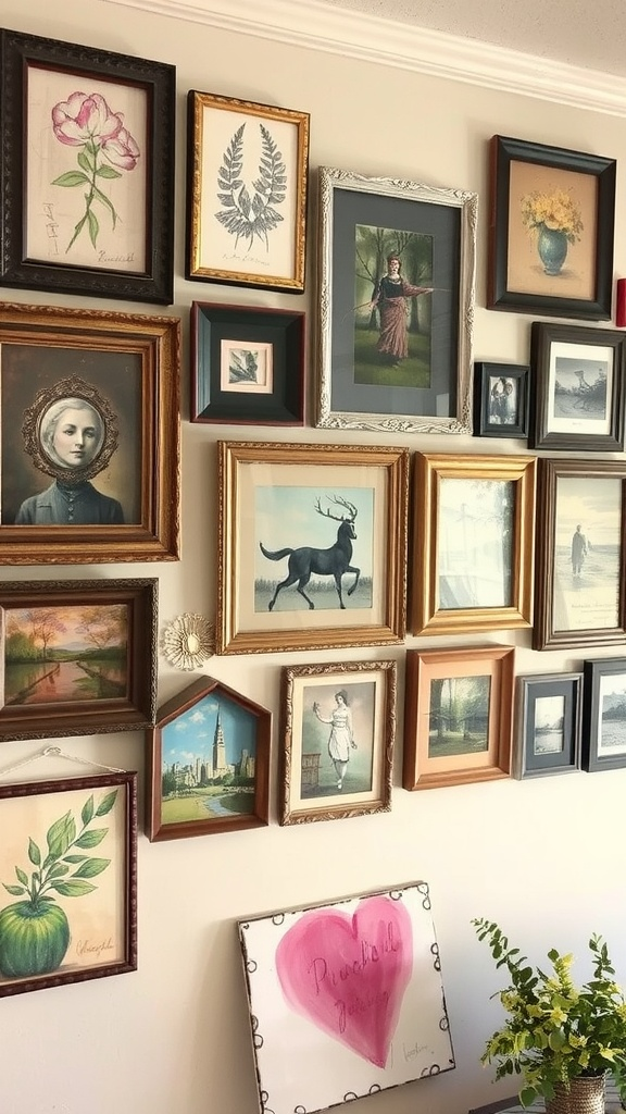 A wall filled with an array of mixed media art, where different textures and frames blend seamlessly to create a one-of-a-kind masterpiece in your home.