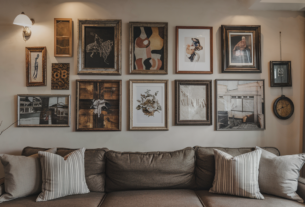 A cozy, eclectic thrifted gallery wall featuring an assortment of vintage frames and artwork. The collection blends rustic, modern, and classic elements, creating a personalized, inviting aesthetic for your space.