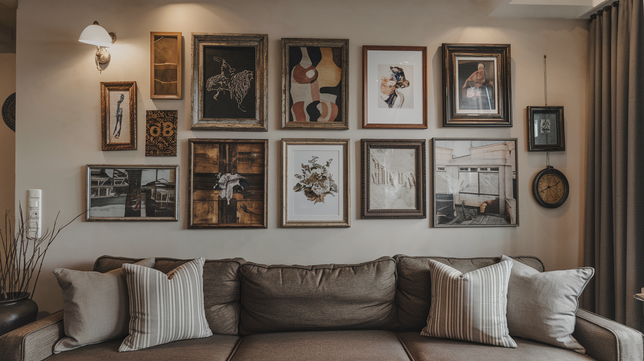 A cozy, eclectic thrifted gallery wall featuring an assortment of vintage frames and artwork. The collection blends rustic, modern, and classic elements, creating a personalized, inviting aesthetic for your space.