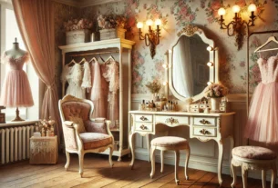A beautifully styled vintage dressing room with timeless furniture, soft lighting, and romantic accessories. Perfect inspiration for your own vintage-inspired space.