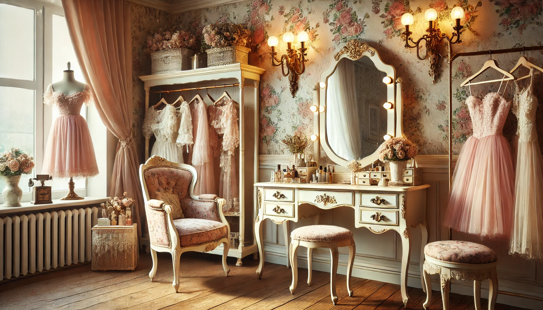A beautifully styled vintage dressing room with timeless furniture, soft lighting, and romantic accessories. Perfect inspiration for your own vintage-inspired space.