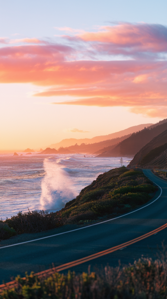 The 10 best Winter Road Trip Destinations. Driving along the Pacific Coast Highway with a beautiful sunset.