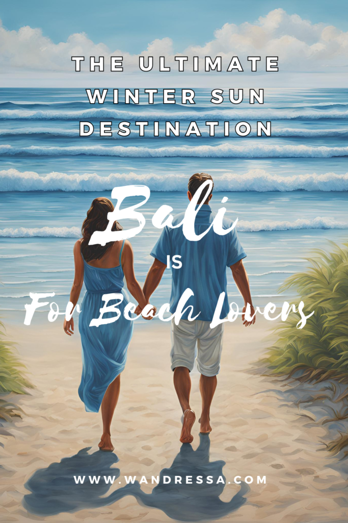 Bali, The best winter sun destination for beach lovers and romantic getaways. A couple walking hand-in-hand along a pristine Bali beach. A tropical beach in Bali with crystal-clear waters, lush greenery, and golden sands under the bright winter sun.