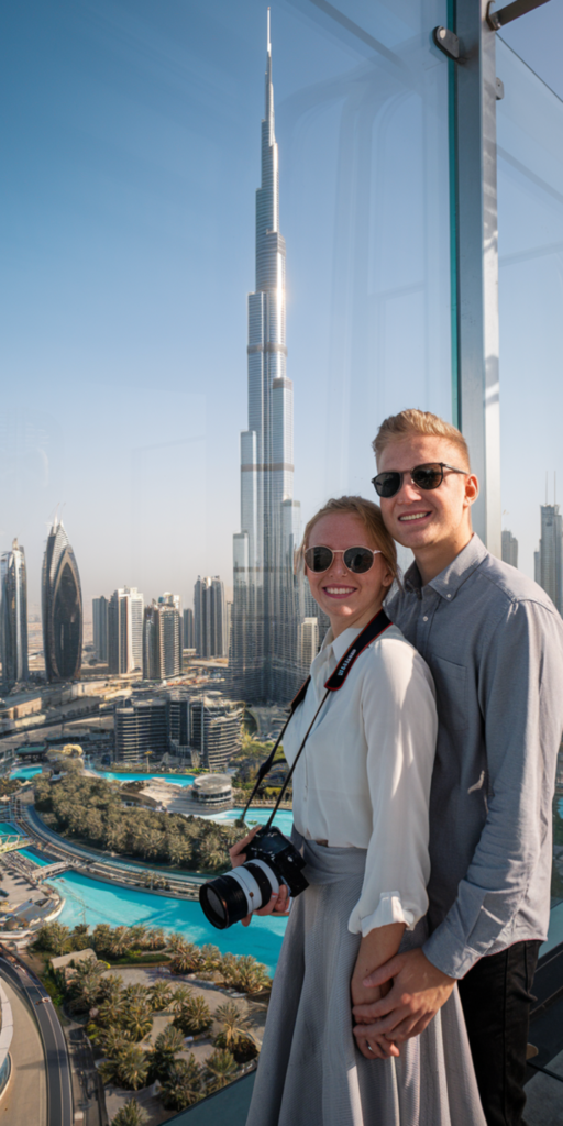 A couple holding hands with a camera standing looking out atop the Burj Khalifa. They watch the cityscape glimmer below, with golden dunes stretching toward the horizon. The air buzzes with opulence and possibility.