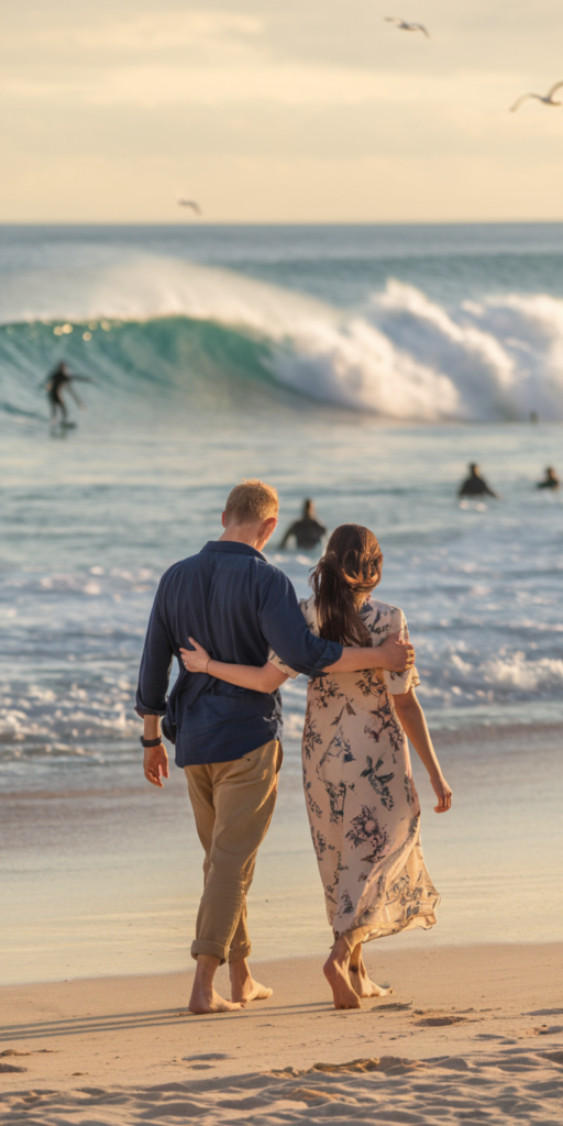 Winter sun destinations that are perfect for a Spring and Summer Getaway. A couple arm in arm Walking along a golden beach in Surfers Paradise, Gold Coast, Australia. the rhythmic sound of waves crashing and seagulls calling in the distance. Surfers catch waves as they soak up the warm Australian sun.