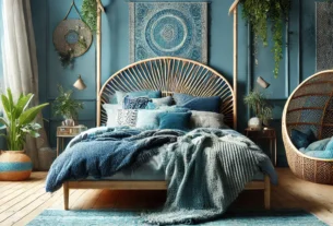 Blue Boho Bedroom Ideas. Blue boho bedroom image, featuring a rattan bed frame, layered rugs, string lights, and cozy bohemian textures.