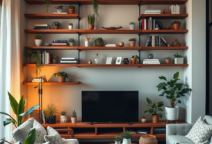 DIY Decor Magic - 10 Simple Projects. A cozy, modern living room featuring custom floating shelves adorned with various plants, books, and decorative items; warm wooden tones and soft lighting create an inviting atmosphere; a minimalistic aesthetic