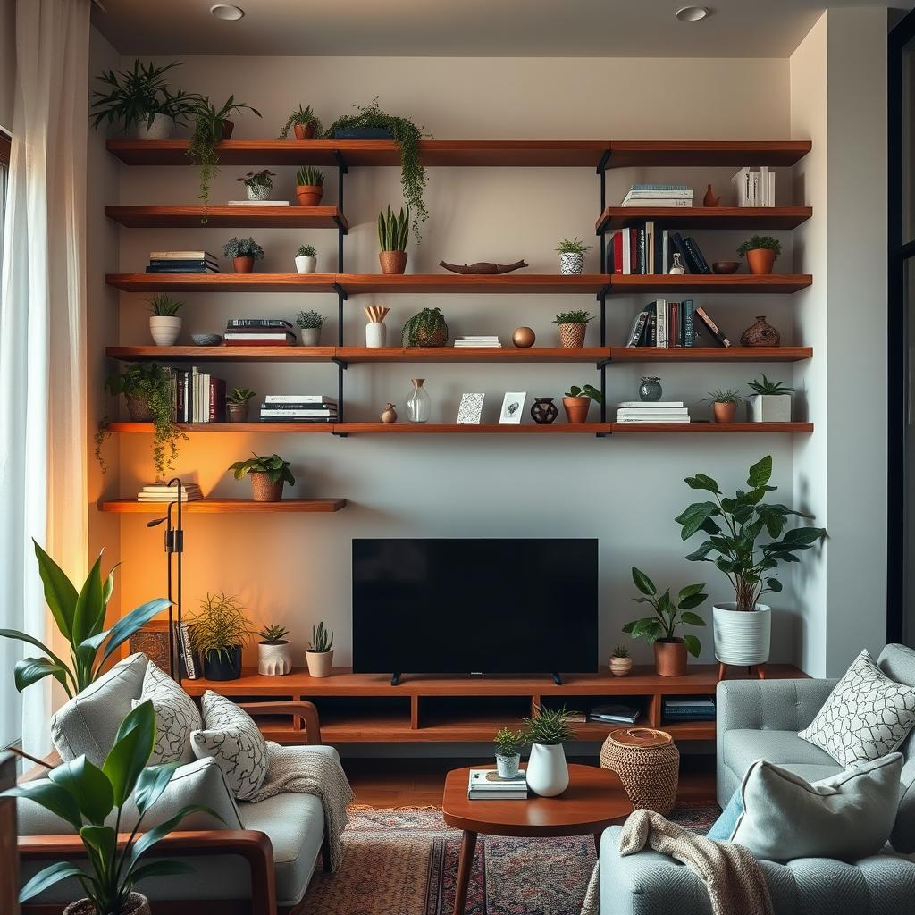 DIY Decor Magic - 10 Simple Projects. A cozy, modern living room featuring custom floating shelves adorned with various plants, books, and decorative items; warm wooden tones and soft lighting create an inviting atmosphere; a minimalistic aesthetic