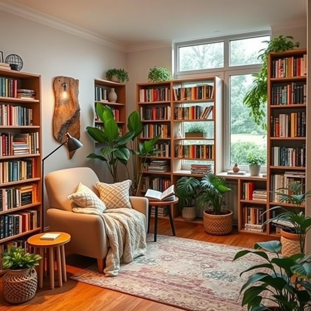 DIY Decor Magic - 10 Simple Projects. Cozy living room reading nook with a plush armchair, soft throw blankets, and a small side table, surrounded by bookshelves filled with colorful books, warm ambient lighting from a stylish floor lamp, indoor plants