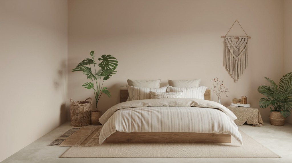 An earthy minimalist boho bedroom with plants and macrame hangings to add warmth.