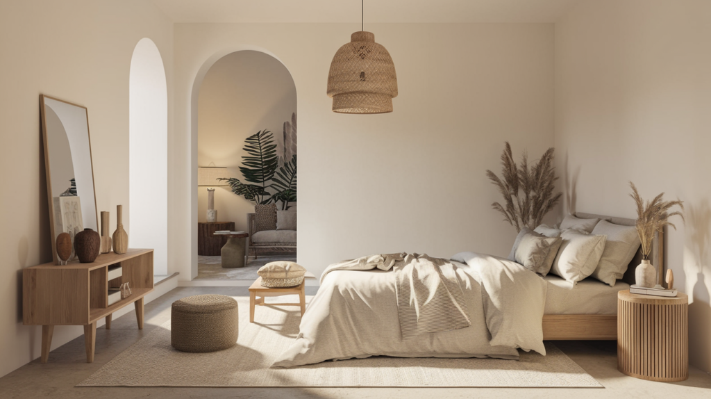 An earthy minimalist boho bedroom with a large textured rug for warmth.