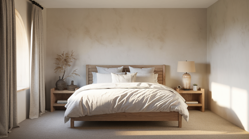 An earthy minimalist boho bedroom creating a zen atmosphere with simple warm wooden furniture, natural decor and luxurious neutral bedding.