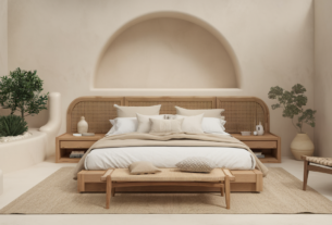 Earthy minimalist boho bedroom. A serene and earthy minimalist boho bedroom featuring a neutral color palette with soft bedding and wooden furniture in a cozy attractive boho home environment