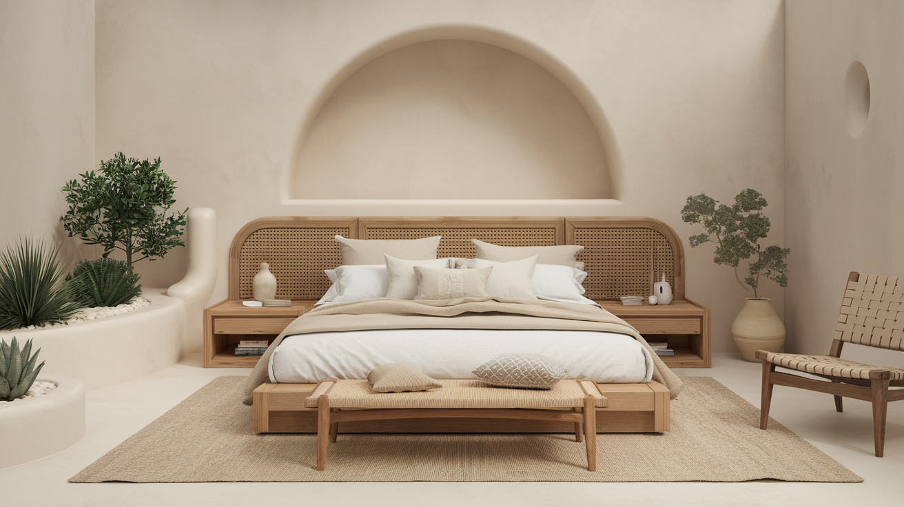 Earthy minimalist boho bedroom. A serene and earthy minimalist boho bedroom featuring a neutral color palette with soft bedding and wooden furniture in a cozy attractive boho home environment