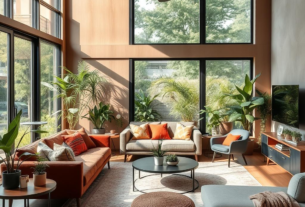 Interior Design Trends 2025. A modern living room featuring sustainable materials, vibrant biophilic design elements, and multifunctional furniture, showcasing earthy tones with pops of color, large windows allowing natural light, indoor plants integrated into the design.