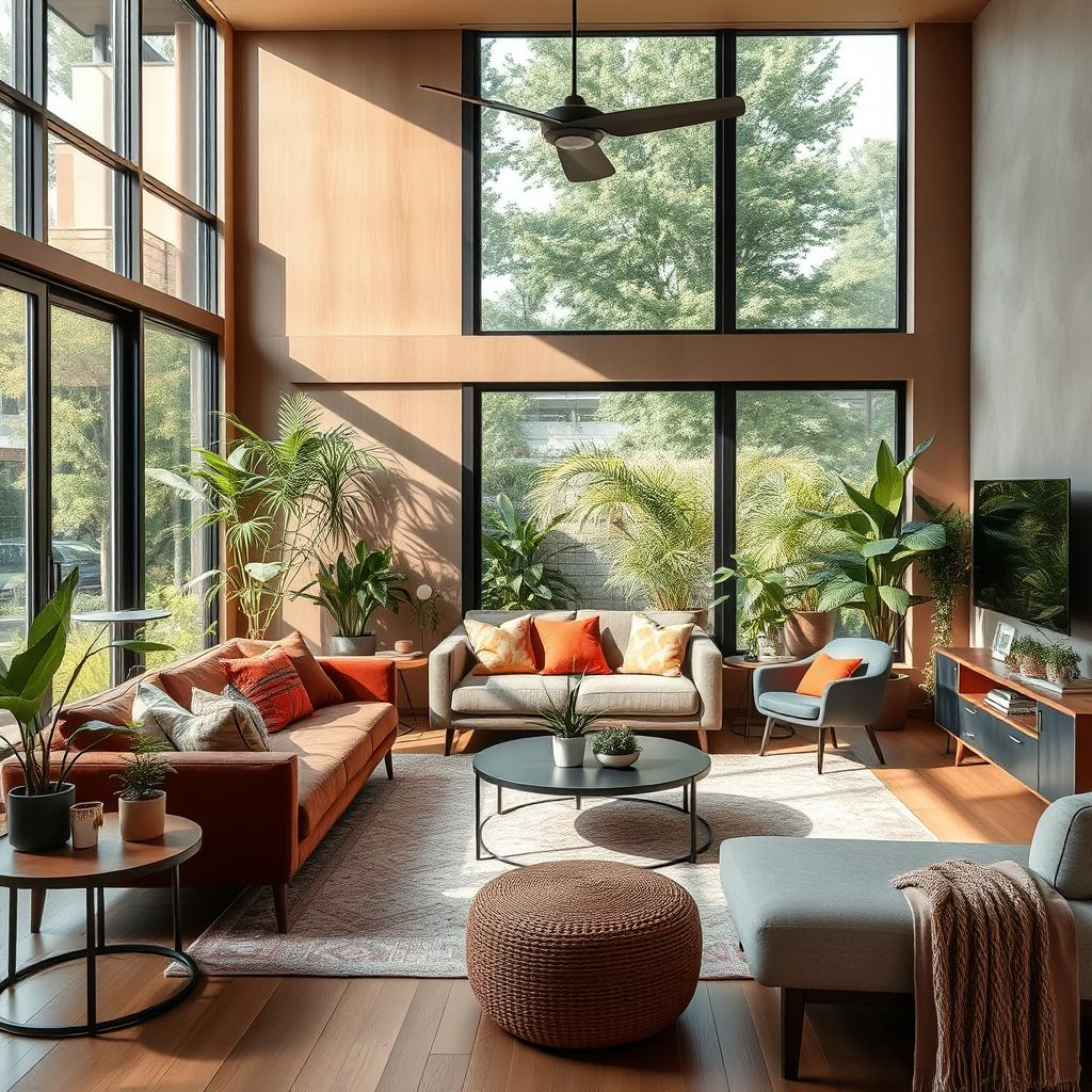 Interior Design Trends 2025. A modern living room featuring sustainable materials, vibrant biophilic design elements, and multifunctional furniture, showcasing earthy tones with pops of color, large windows allowing natural light, indoor plants integrated into the design.