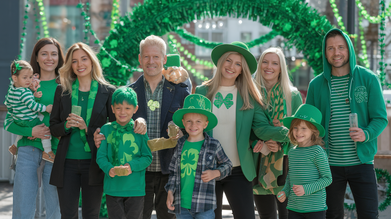 A modern relaxed group of all ages including children ready to celebrate St Patrick's day with St Patrick's Day outfits.
