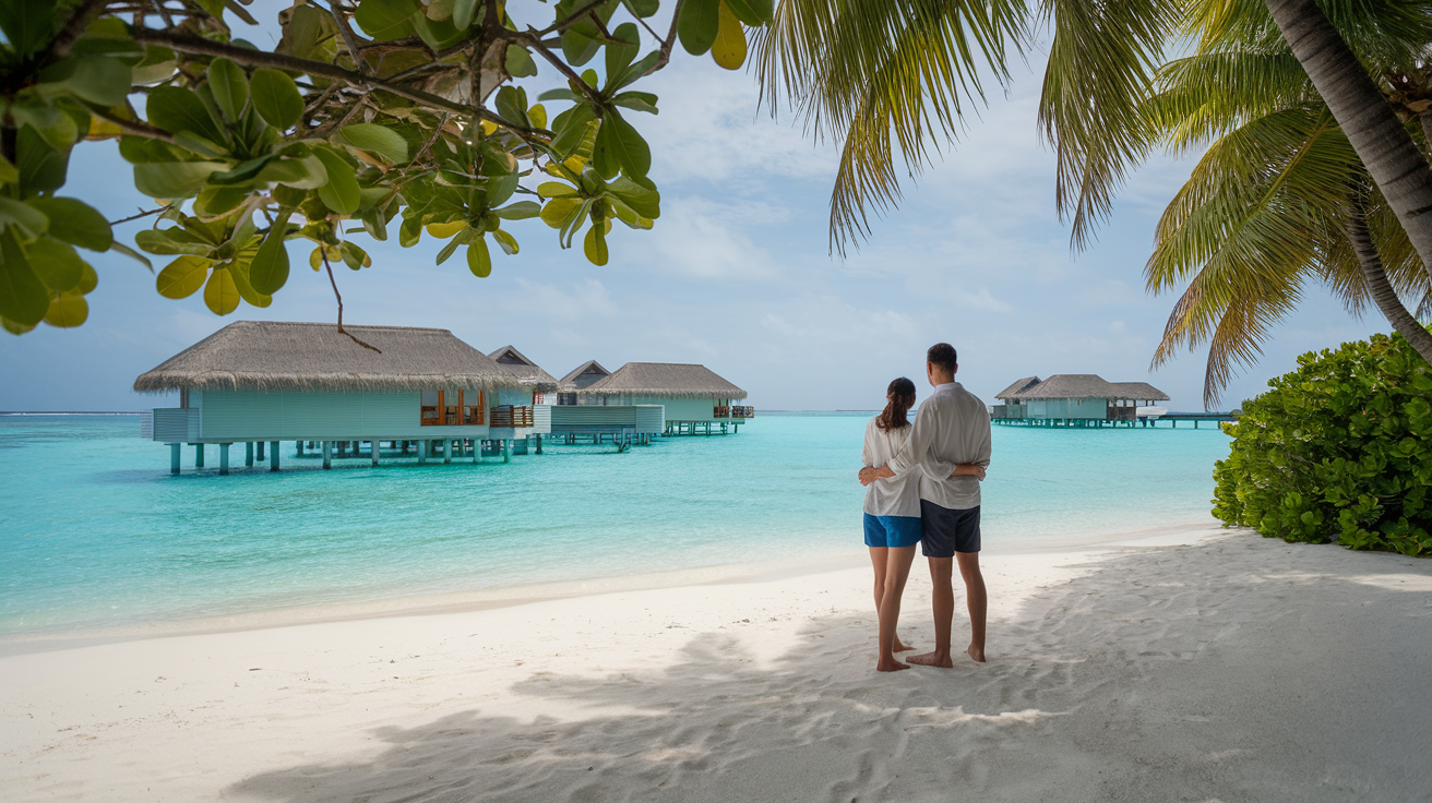 Beautiful Places to Travel: A couple arm in arm on the beach looking over the beautiful aqua water to the beautiful overwater bungalows on a beach in the Maldives