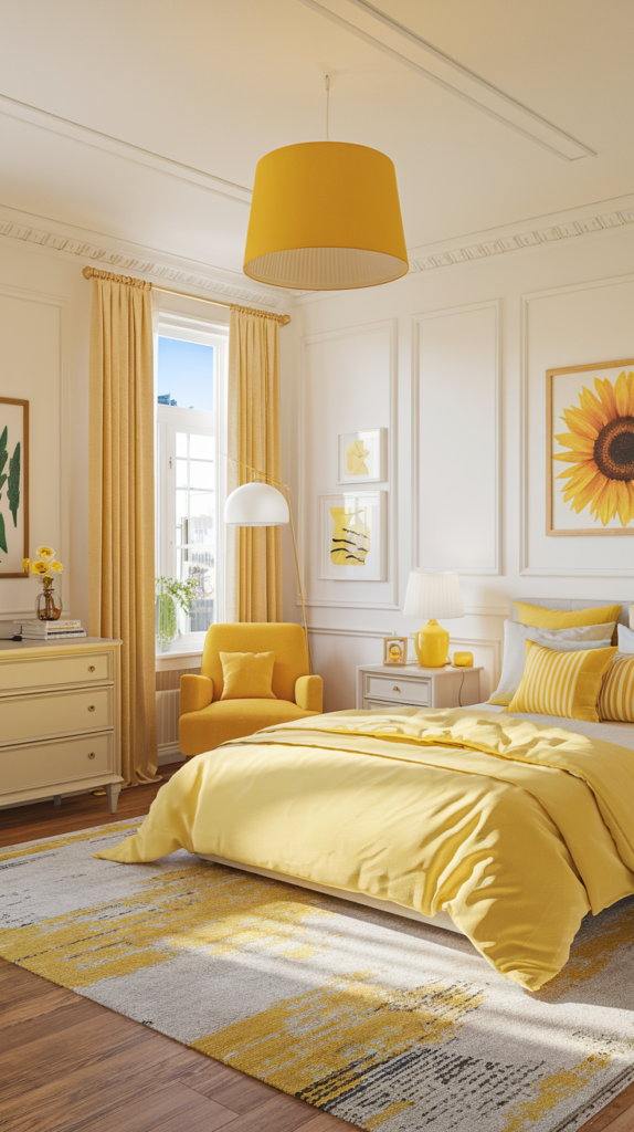 21 Bright and Cheerful Yellow Bedroom Ideas to Inspire You. A Bright and Cheerful bedroom with  Sunny yellow accents for a cheerful atmosphere.