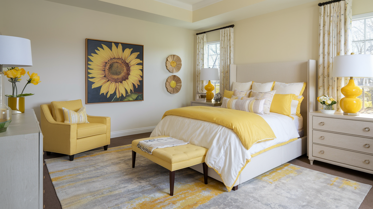 21 Bright and Cheerful Yellow Bedroom Ideas to Inspire You. A Bright and Cheerful bedroom with Sunny yellow accents for a cheerful atmosphere. Included is a soft yellow armchair, yellow comforter and cushions on white bedding. A large rug with some yellow tones. A sunflower artwork on neutral walls. A neutral dresser and side table with an elegant yellow lamp.
