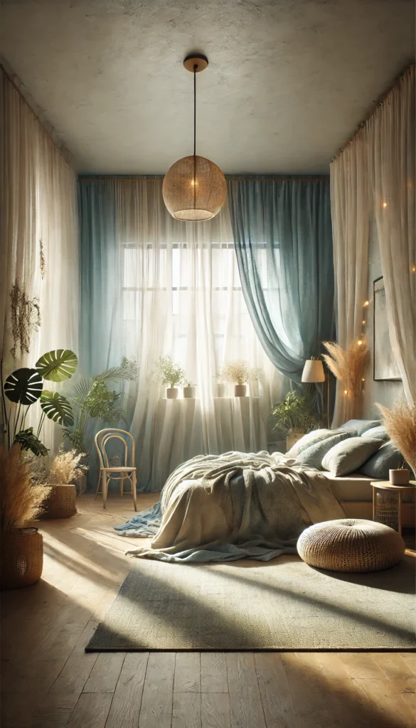 Blue Boho Bedroom Ideas - Lighting ideas to set the mood. A cozy boho bedroom bathed in soft, natural light, featuring airy sheer curtains gently swaying, warm earthy tones, textured textiles, potted plants, and minimalist decor with pendant light, fairy lights & table lamp, that create a serene oasis ambiance.