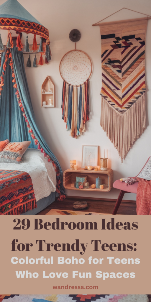 Boho bedroom ideas for teens including a vibrant boho bedroom with bright patterned textiles and unique wall decor. 