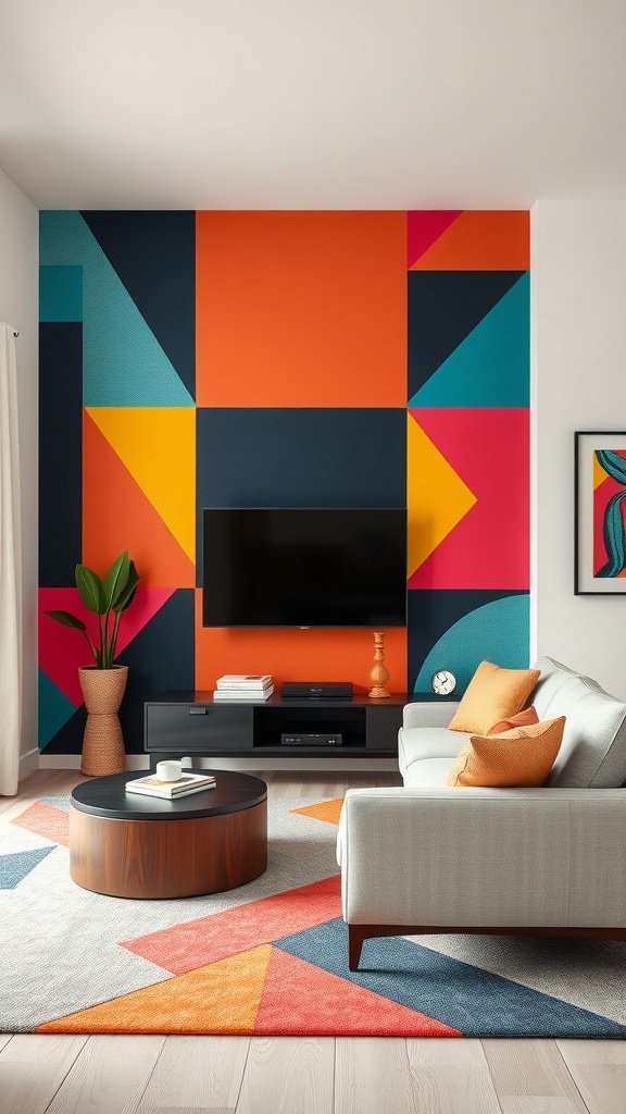 DIY Decor A vibrant living room showcasing a stunning statement wall adorned with intricate geometric patterns in various colors and shapes. The wall is the focal point, featuring interlocking triangles, bold circles, and dynamic lines.
