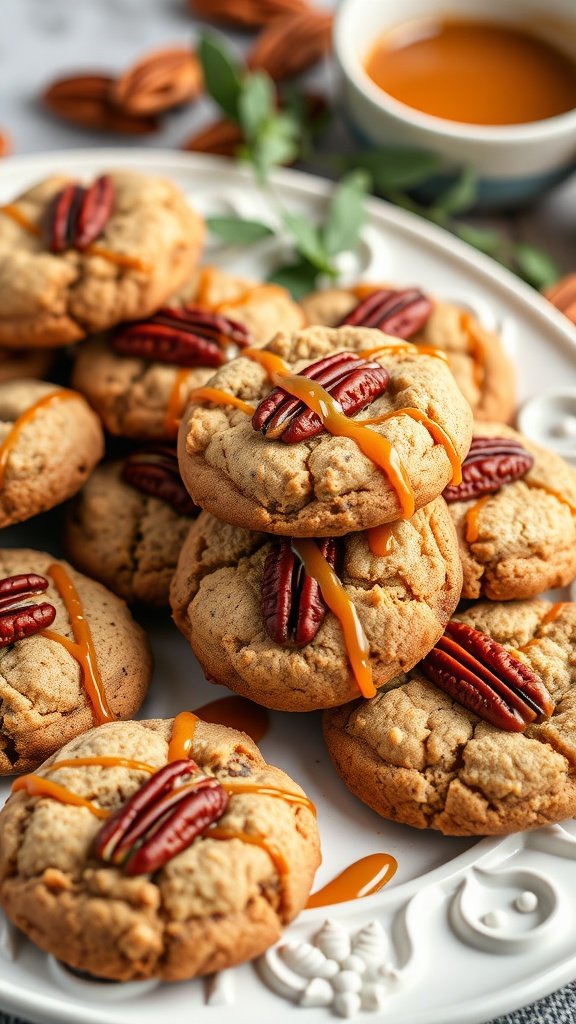 Decorated Low Carb Easter Cookies:
A plate of decorated low carb caramel pecan cookies with pecans and caramel drizzle on top.