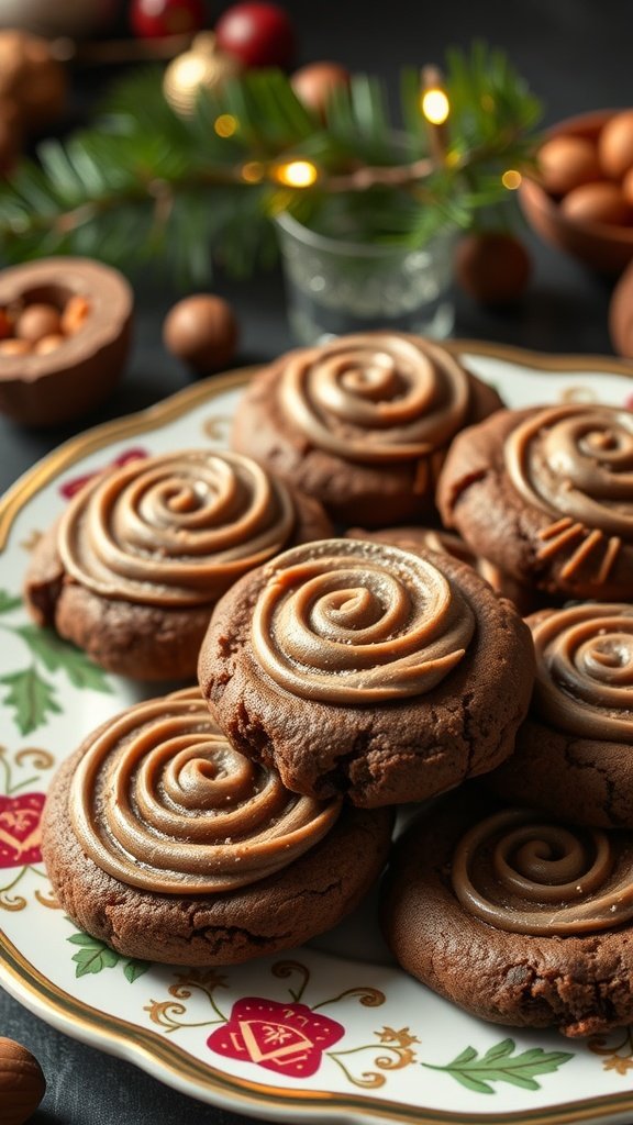 Decorated Low Carb Easter Cookies:
Chocolate hazelnut cookies with swirls of frosting on a decorative plate.