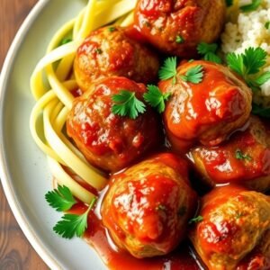 Low Carb Meatballs with marinara sauce and zucchini noodles.