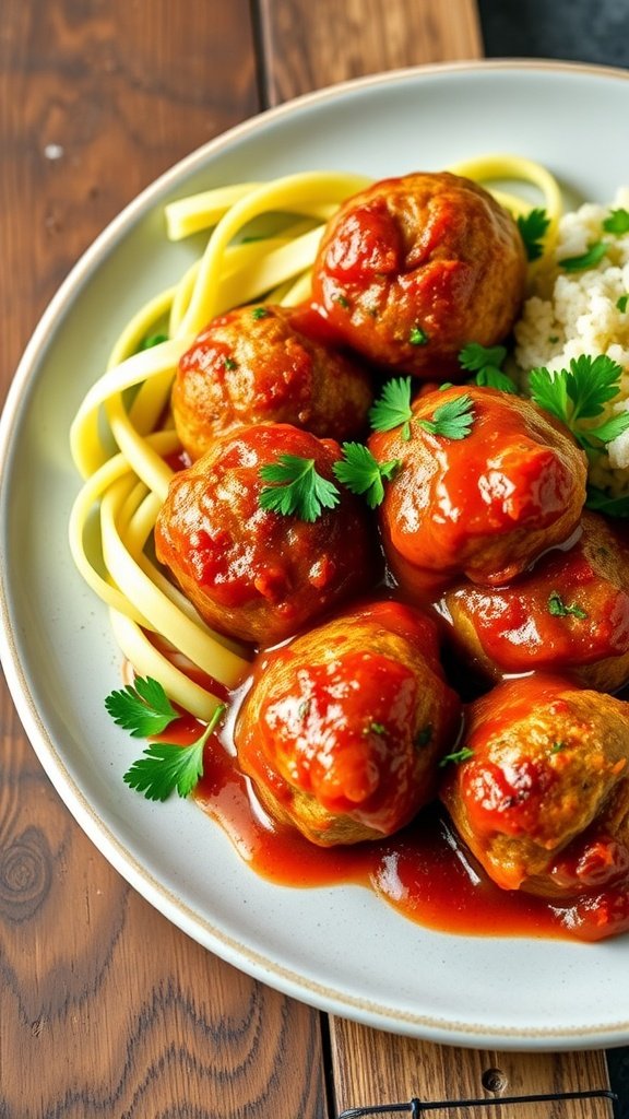 Low Carb Meatballs with marinara sauce and zucchini noodles.