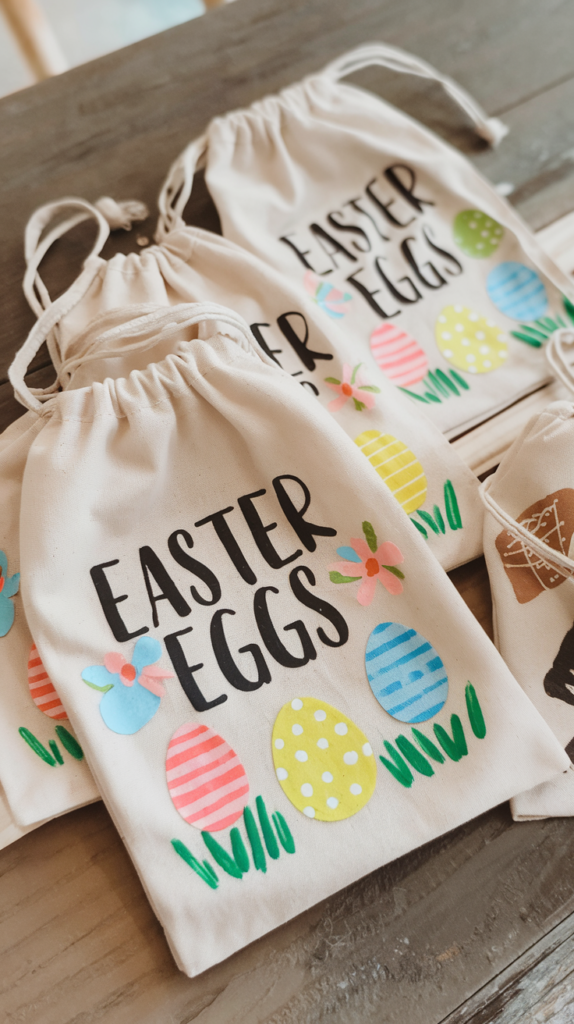 Dollar Tree Easter Crafts - Easter egg hunt bags using cloth bags from Dollar Tree and decorated with stickers and fabric paint. Printed with "Easter Eggs" on each one.