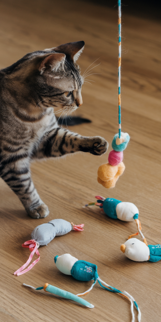Very Easy DIY crafts to make and sell are cat toys made with scraps of material wool ribbons and cat mint. Stuffed birds and mice are on strings and poles for the cat to play with.
