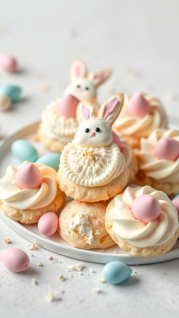 Decorated Low Carb Easter Cookies:
A plate of Fluffy Coconut Cream Cookies decorated for Easter with bunnies and eggs.