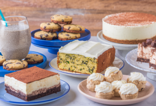 21 Delicious Low Carb Substitutes for Your Favorite Desserts including chia seed pudding, chocolate chip cookies, zucchini bread with cream cheese frosting, sugar free cheesecake, brownies and coconut macaroons.