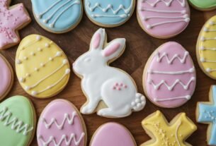 low carb Easter cookies decorated for Easter with fancy icing