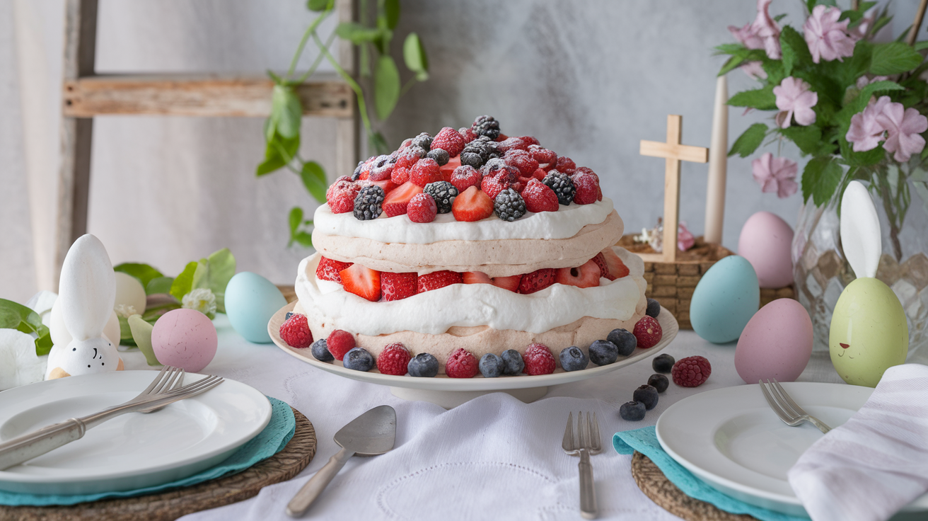Low Carb Easter Desserts - A delicious Berry Pavlova topped with fresh strawberries, blueberries, and blackberries