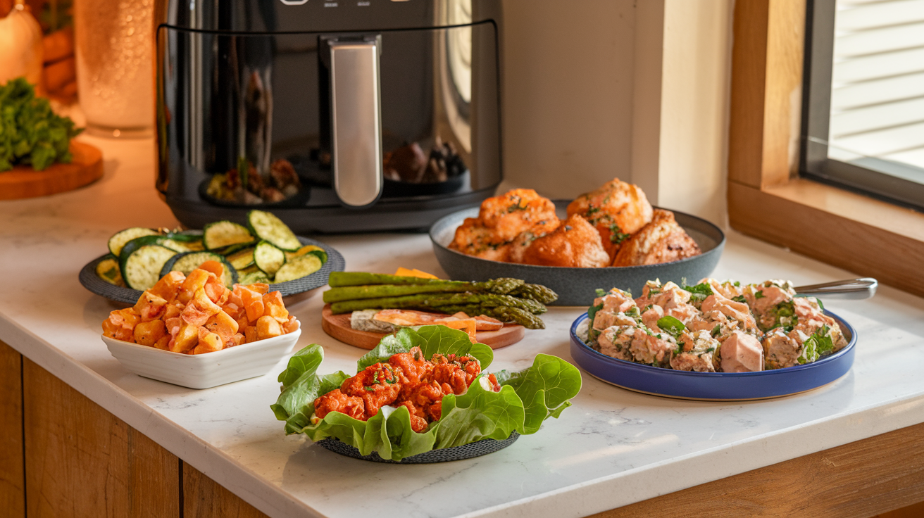 A selection of low carb snacks and lunches that can be made in an air fryer. Show the air fryer and dishes of Buffalo Chicken Lettuce Wraps, Air Fryer Zucchini Chips, Garlic Parmesan Asparagus, Air Fryer Herbed Chicken Thighs and Tuna Salad Bites on a cream colored marble bench in an inviting kitchen atmosphere.