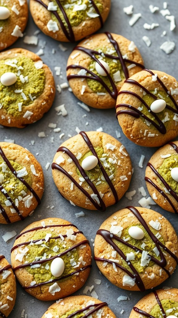 Decorated Low Carb Easter Cookies:
A close-up of decorated matcha almond cookies with chocolate drizzle and coconut flakes.