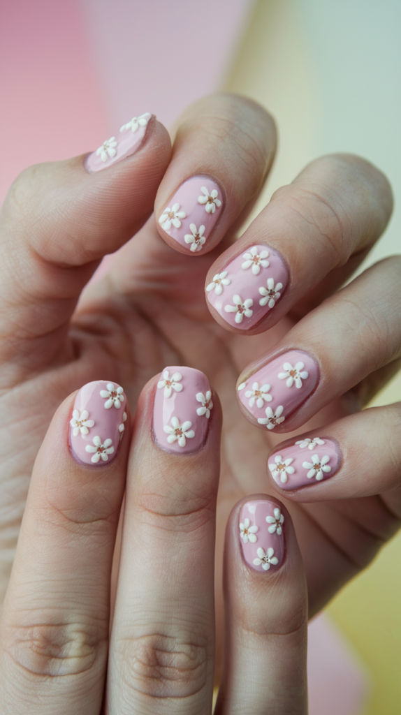 Stunning Pink Flower Nail Designs You’ll Love. Pastel pink nails with white daisy designs.