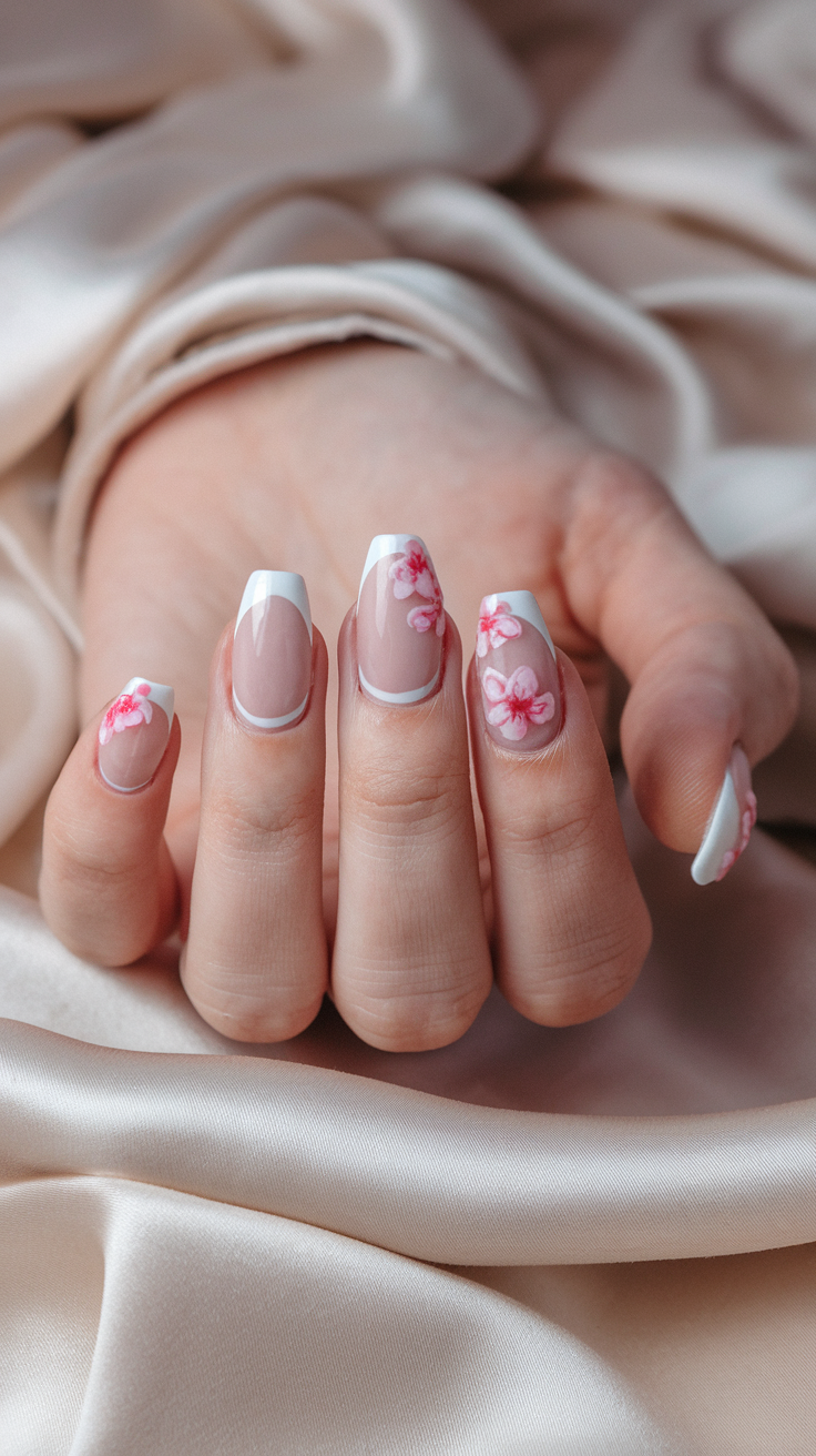 26 Stunning Pink Flower Nail Designs You’ll Love. French tips get a fresh twist with pink flowers! These simple spring nails showcase a lovely balance of elegance and fun. Adding nails with pink flowers brings a touch of nature right to your fingertips.