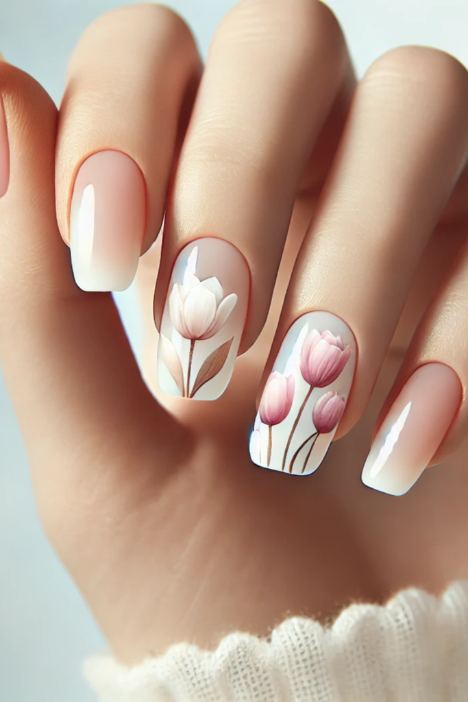 Nails with Tulips. Soft pink tulips on a soft pink to white tip base.