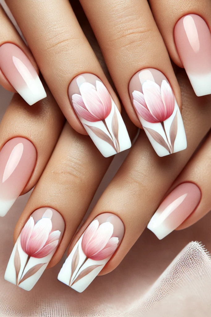 Nails with Tulips - Soft Pink tulips on French Tips