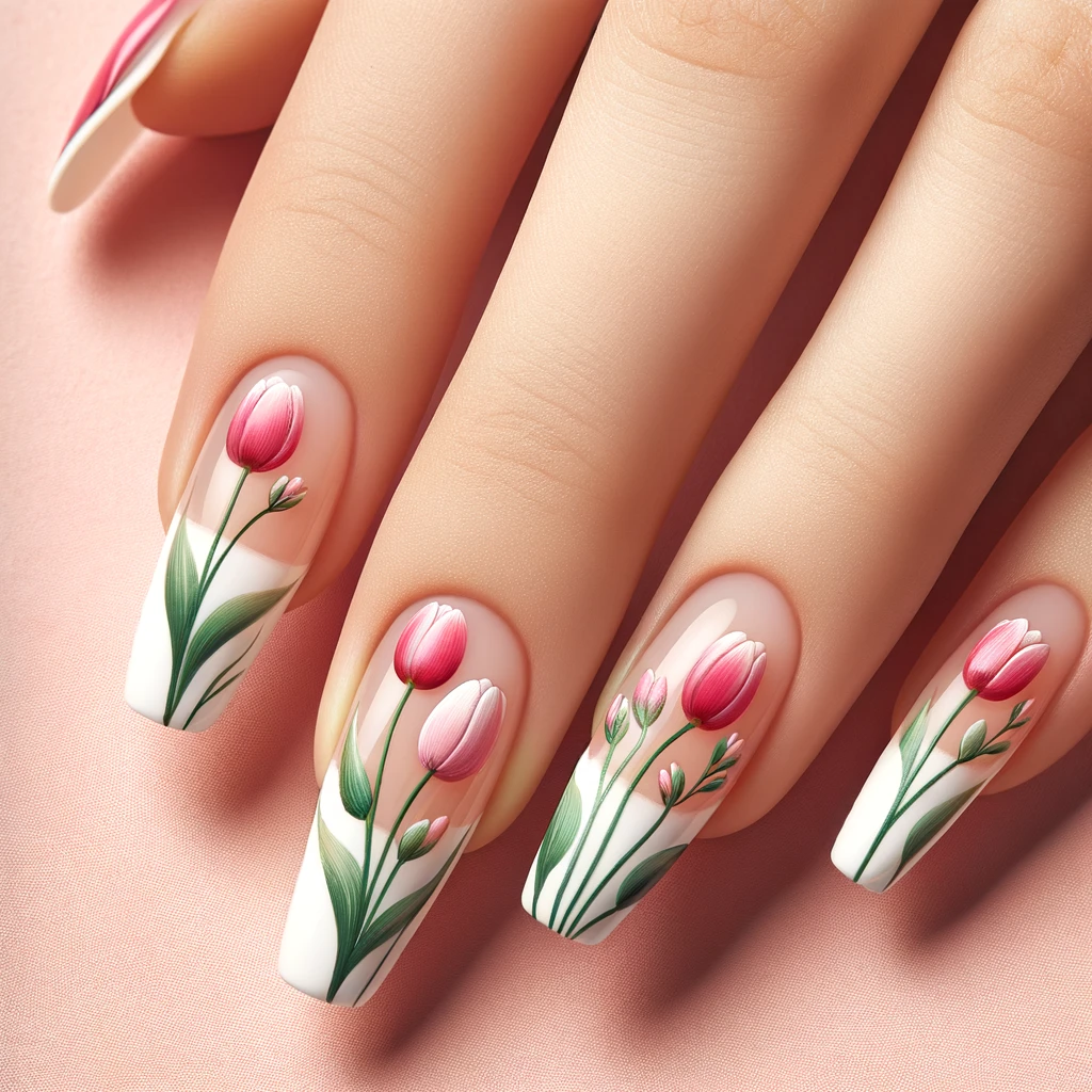 Nails with Tulips. Add your own flair to these beautiful nails showing delicate tulips on french tips.