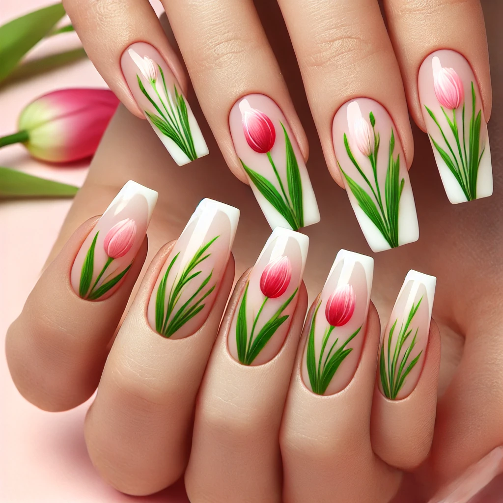 Nails with tulips - add light and dark details to the tulip flowers to make them unique. Another view of a different painted set of nails with tulips