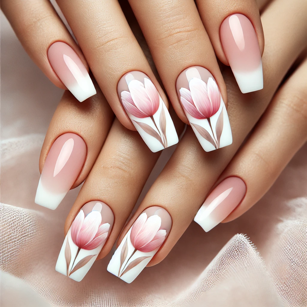 Nails with Tulips - Soft pink on french tips