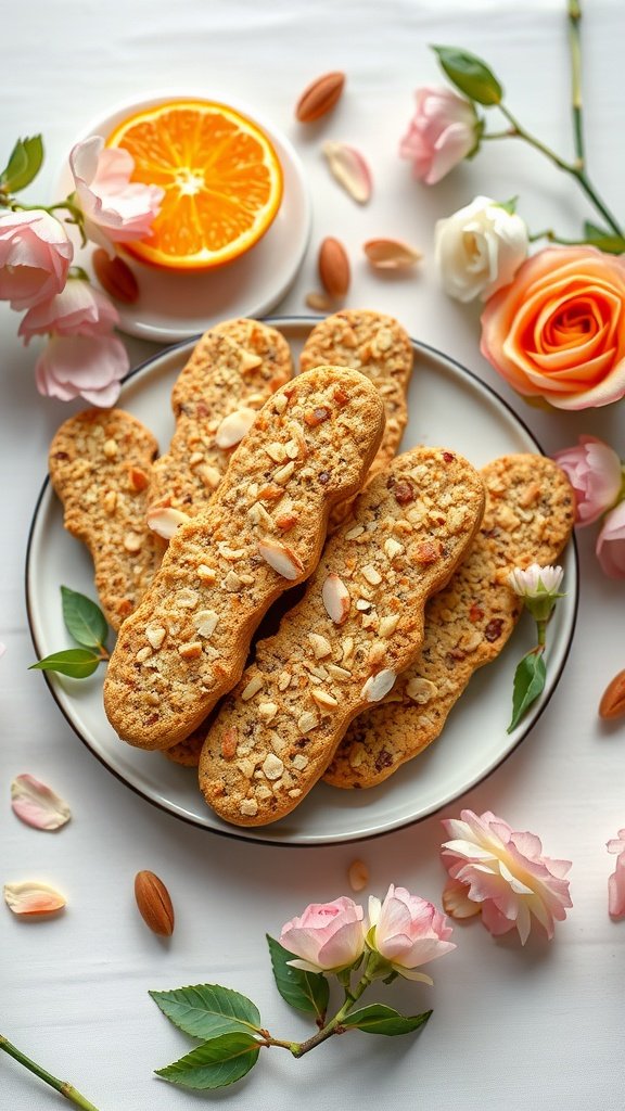 Decorated Low Carb Easter Cookies:
Delicious orange almond biscotti on a plate with decorative flowers